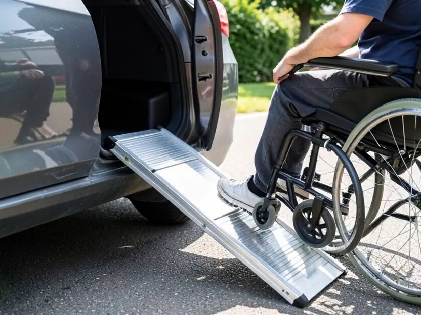 Wheelchair user rolling up a portable aluminum ramp into the back of a parked car showing the incline angle