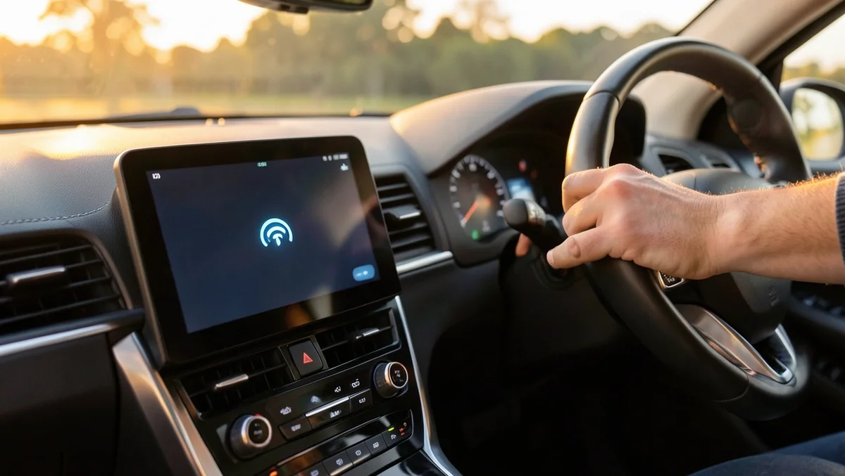 Car dashboard touchscreen showing a Bluetooth connection icon while driver holds the steering wheel