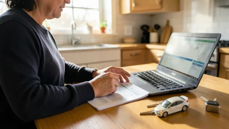 Person reviewing car loan refinance paperwork and a laptop at a kitchen table