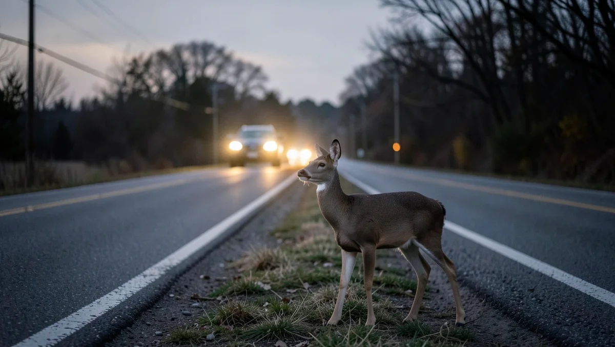 A whitetail deer standing at the edge of a rural road at dusk as a car's headlights approach