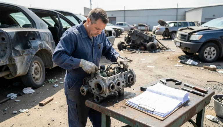 Mechanic inspecting a used engine block pulled from a wrecked car at a salvage yard