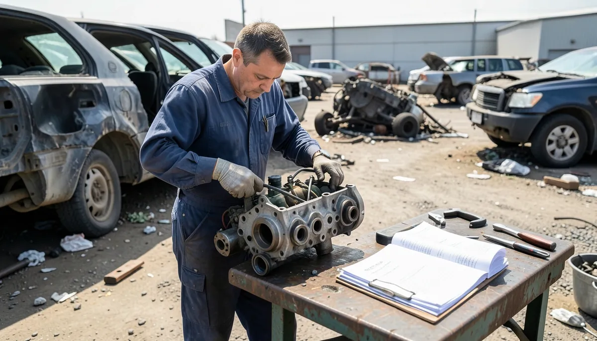 Mechanic inspecting a used engine block pulled from a wrecked car at a salvage yard