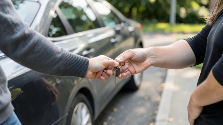 Two people exchanging a single car key by hand next to a parked car