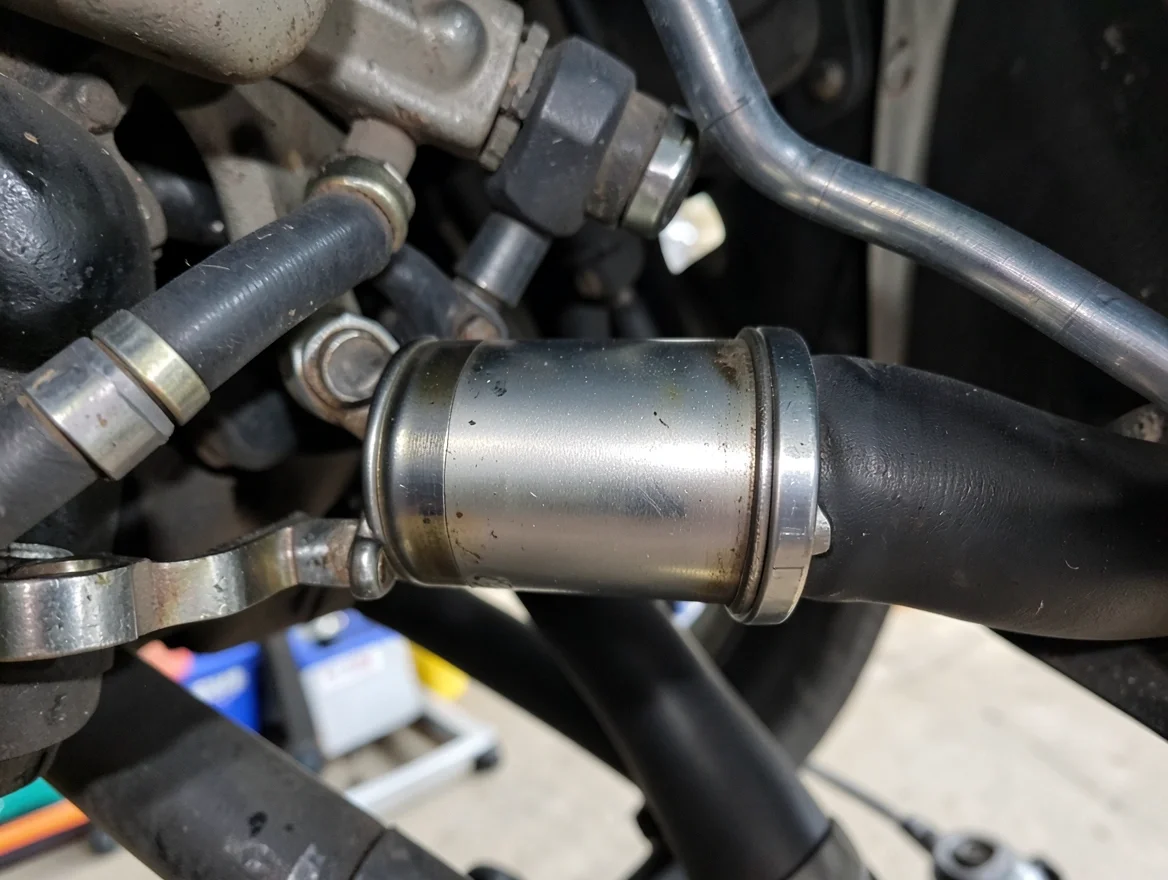 Close-up of an inline fuel filter installed along a car's fuel line