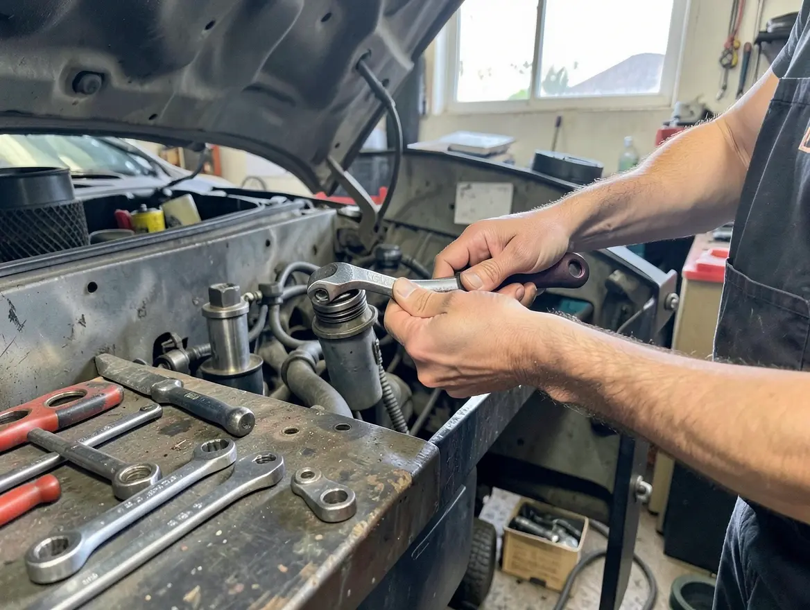Mechanic using a wrench to replace a fuel filter on a car