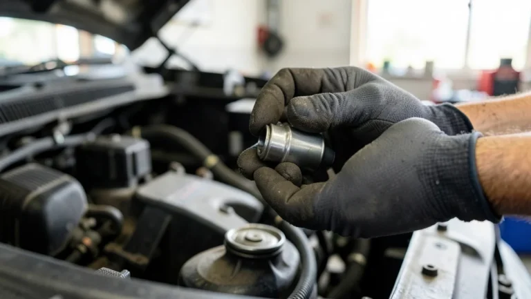 Mechanic holding a small automotive fuel filter next to a car engine bay