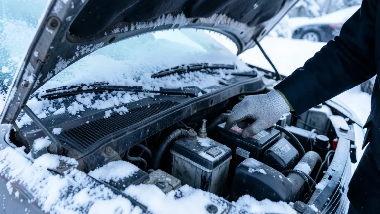 Frost-covered car engine bay with a gloved hand checking the battery terminal on a cold winter morning