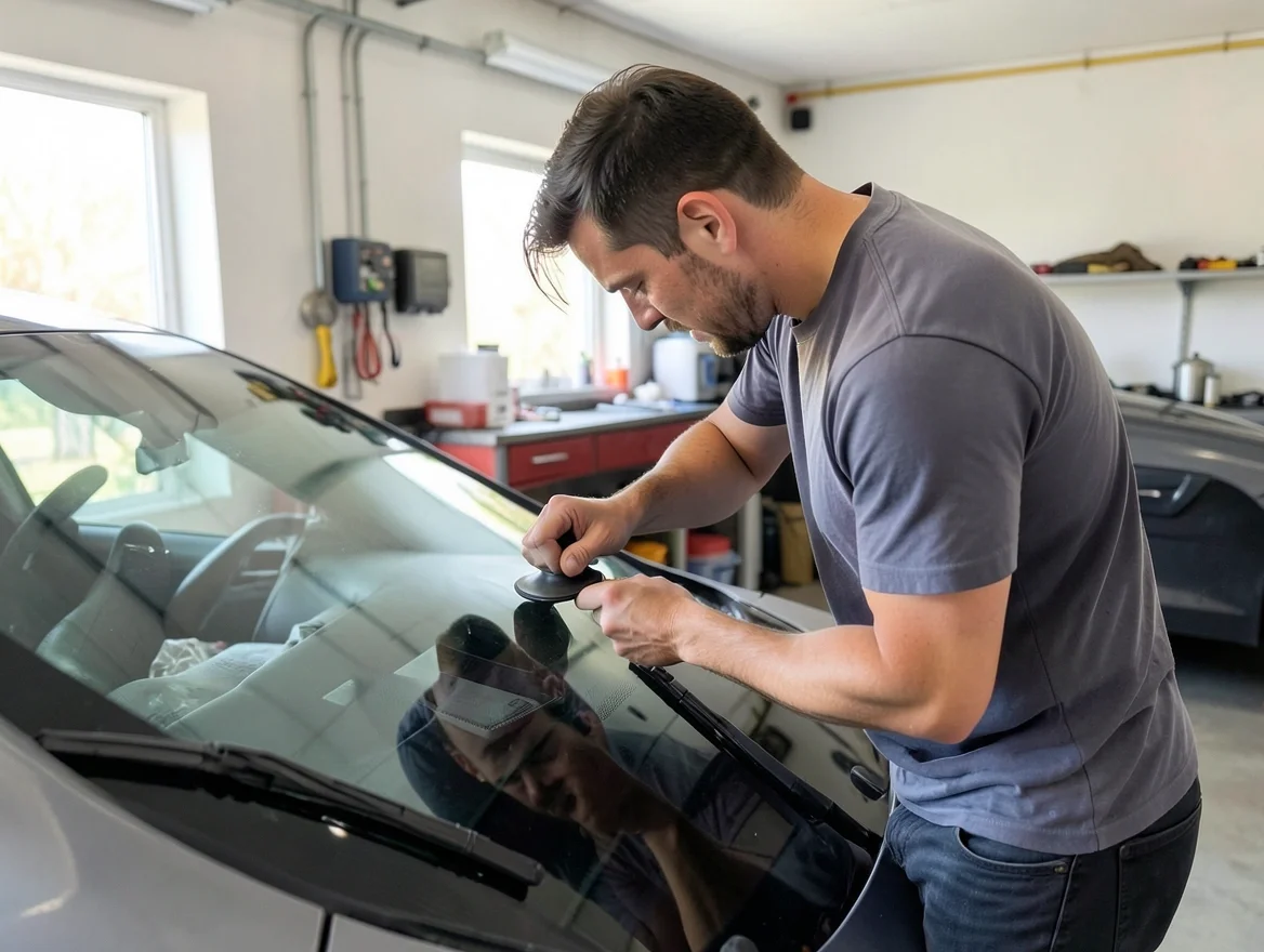 Technician installing a replacement windshield in a car using suction cup handles