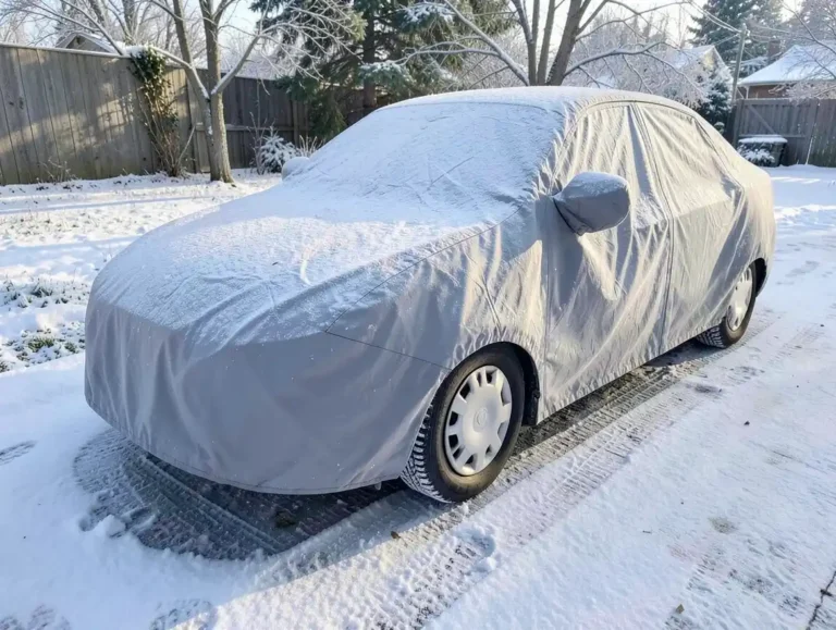 Sedan fully covered by a gray waterproof winter car cover, dusted with fresh snow, parked in a driveway