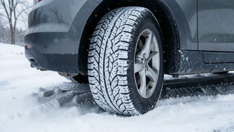 Close-up of a studded winter tire tread on a car driving through snow