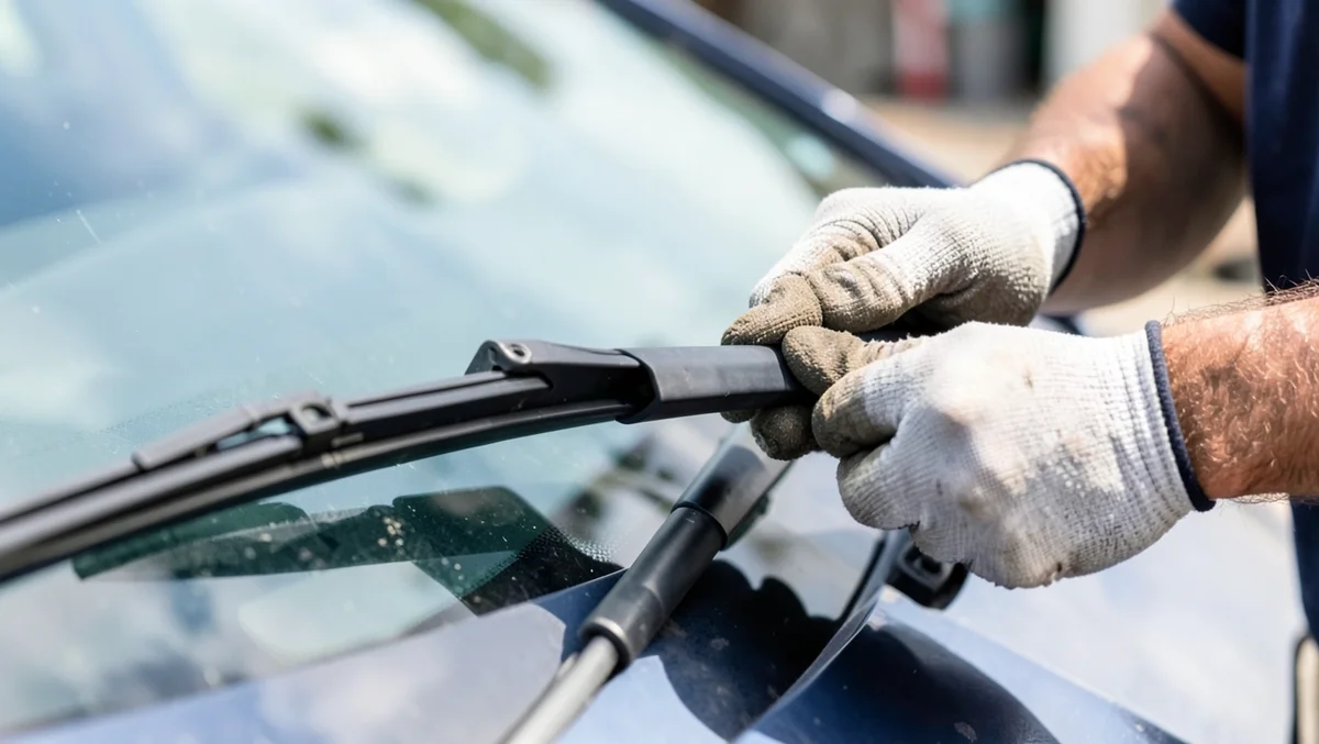 Mechanic installing a new windshield wiper blade onto a car windshield