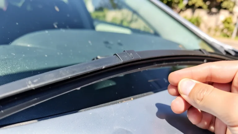 Close-up of a new windshield wiper blade held against a car windshield