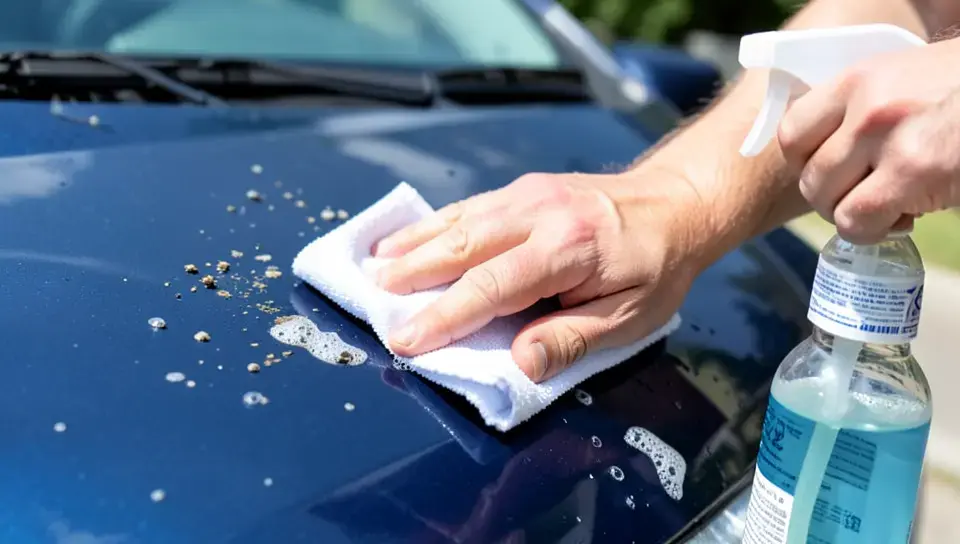 Hand wiping bird droppings off a dark blue car hood with a microfiber cloth and cleaning spray