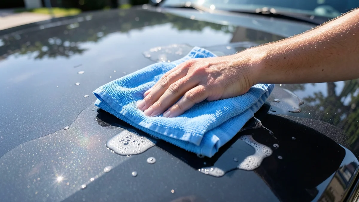 Hand using a soapy blue microfiber towel to wipe greasy residue off a car's painted hood