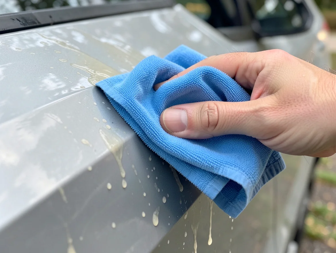 Wiping sticky pine sap off a car's painted surface with a microfiber cloth
