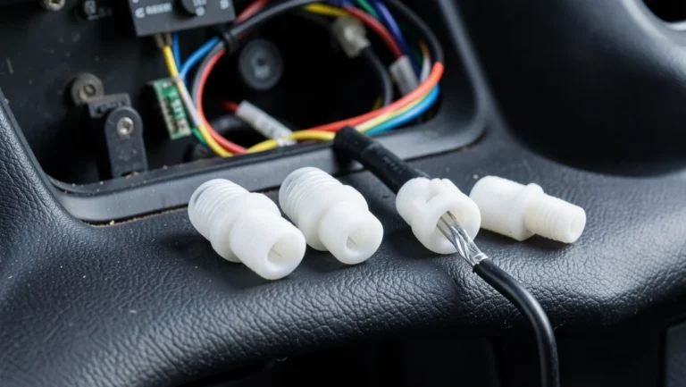 Wire caps and crimp connectors laid out near a car stereo wiring harness under the dash