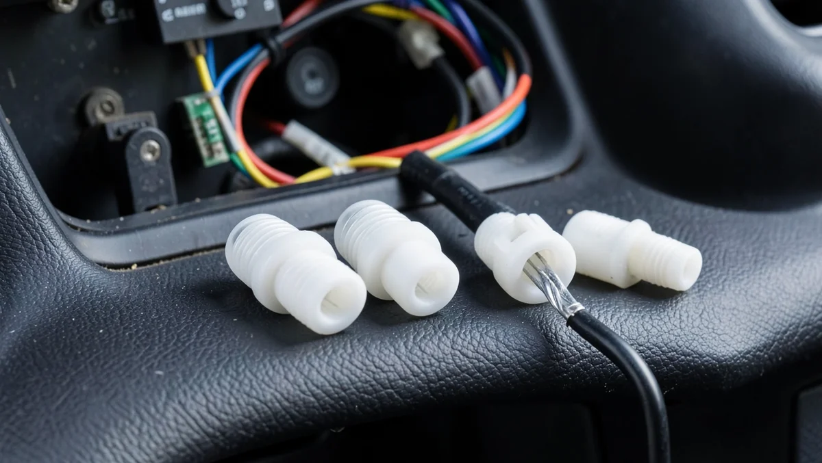 Wire caps and crimp connectors laid out near a car stereo wiring harness under the dash