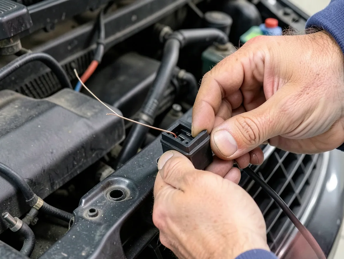 Hands wiring a small electronic accessory box near a car's front grille during installation