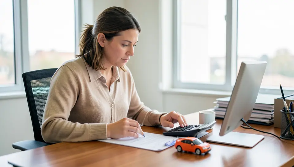 Woman calculating the cost of a car lease buyout at a desk with a calculator and toy car