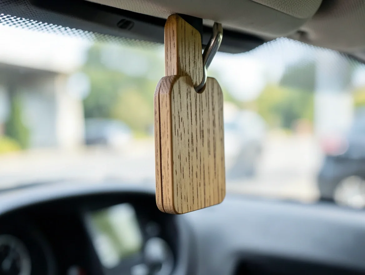 Wooden car air freshener clip hanging from a rearview mirror