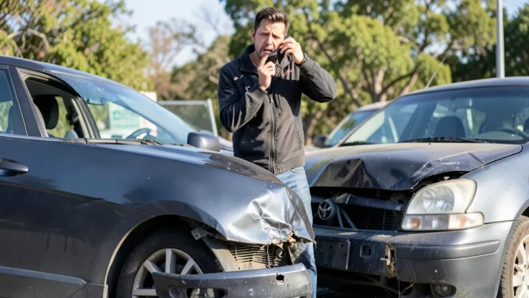 A driver on the phone standing beside two cars after a minor accident, one with a dented front bumper