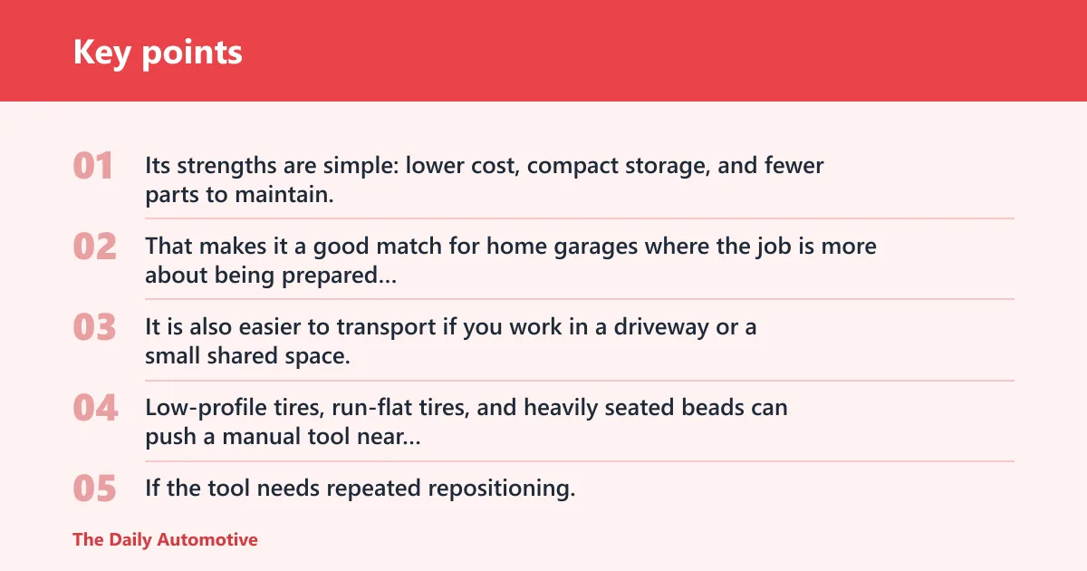 Key points: Manual bead breaker: best for occasional home use