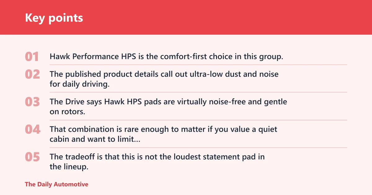 Key points: Hawk Performance HPS pads: best for low noise