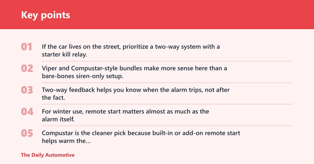 Key points: Which car alarm fits your use case?