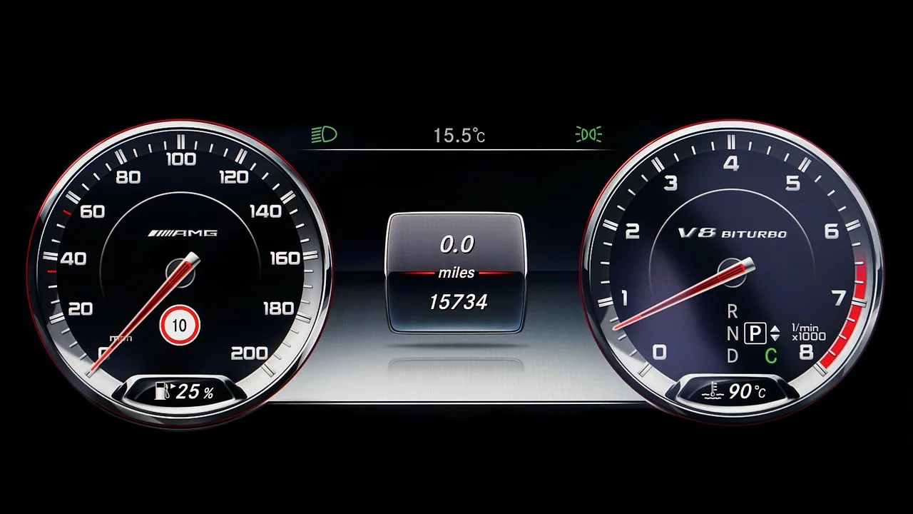 Driver in a sedan using adaptive cruise control on a quiet highway at dawn