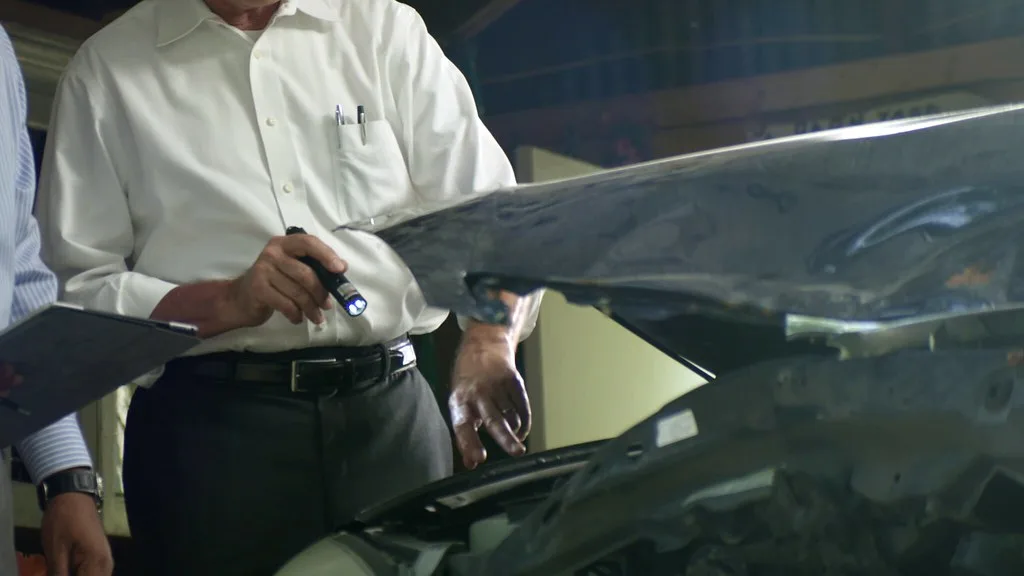 Mechanic examining a crumpled door edge and misaligned panel gap with a flashlight