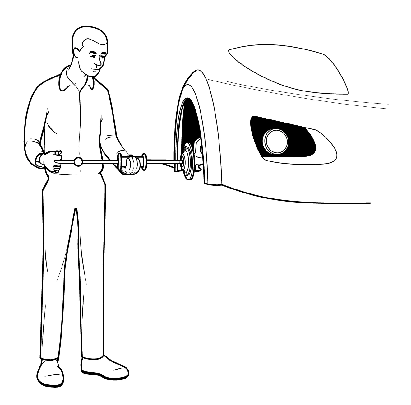 Technician's gloved hands test a car battery with a multimeter in a service bay.