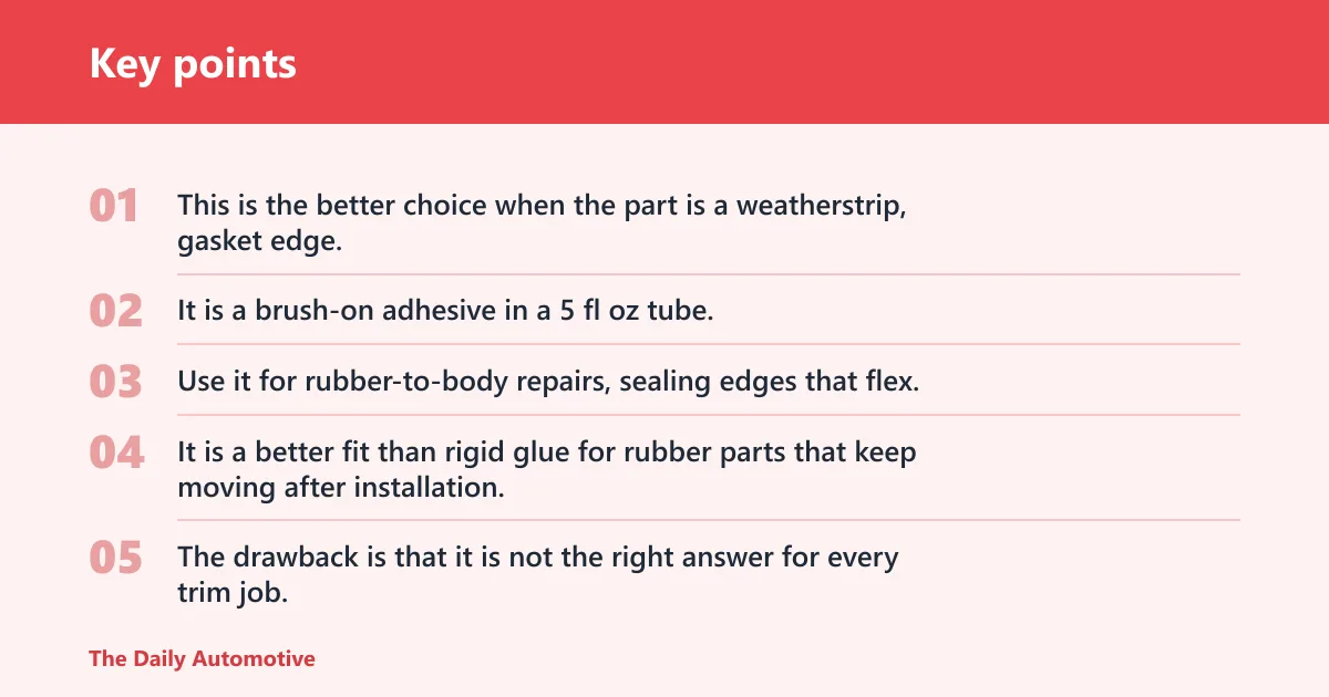 Key points: 3M Black Super Weatherstrip and Gasket Adhesive: best for weatherstripping
