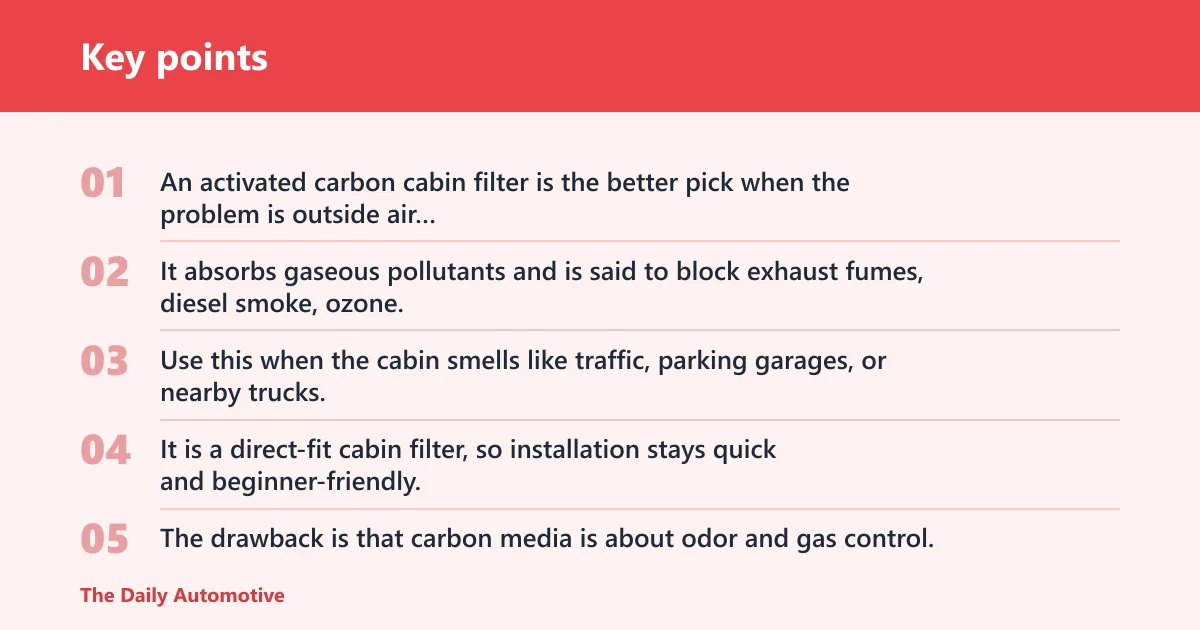 Key points: Activated carbon cabin filter: best for city traffic