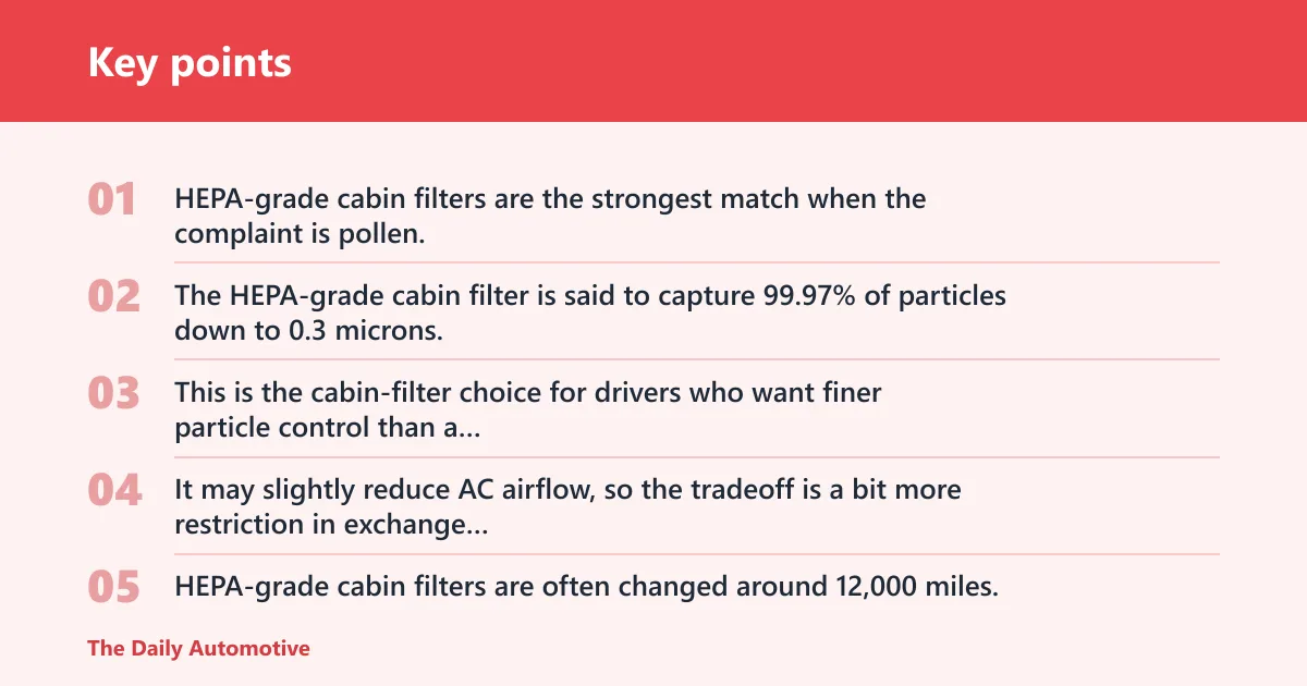Key points: HEPA-grade cabin filter: best for allergies and smoke