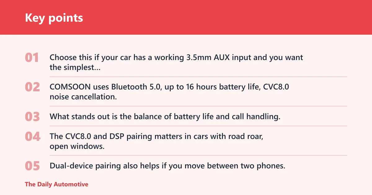 Key points: COMSOON Bluetooth receiver: best for AUX-equipped cars