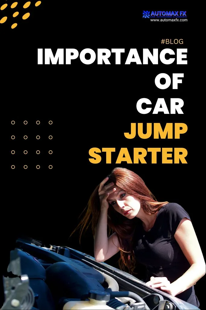 Portable car jump starter beside a sedan with open hood in natural daylight