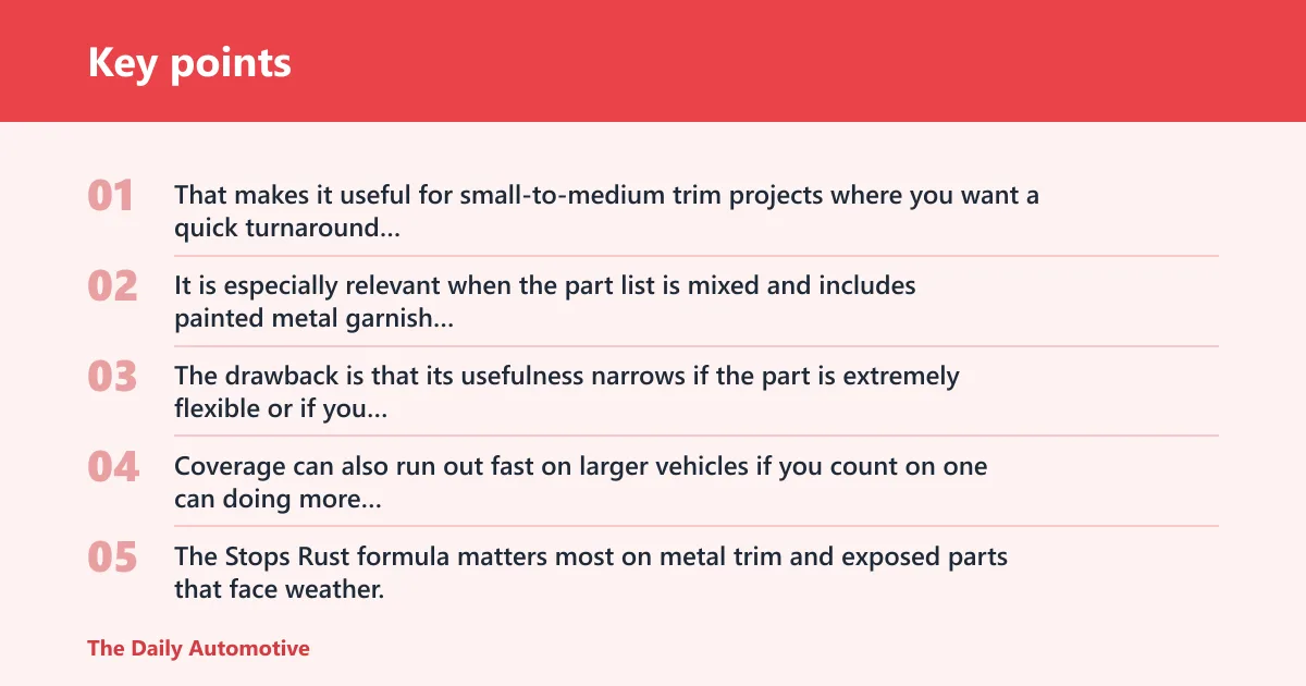 Key points: Rust-Oleum 251574: best for metal trim and bumpers