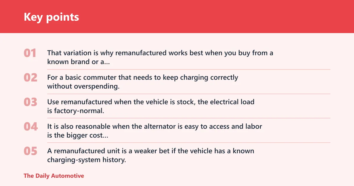Key points: Remanufactured alternator: best for budget repairs