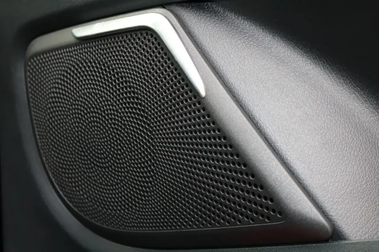 Driver adjusting a modern car audio system in a car cabin at dusk