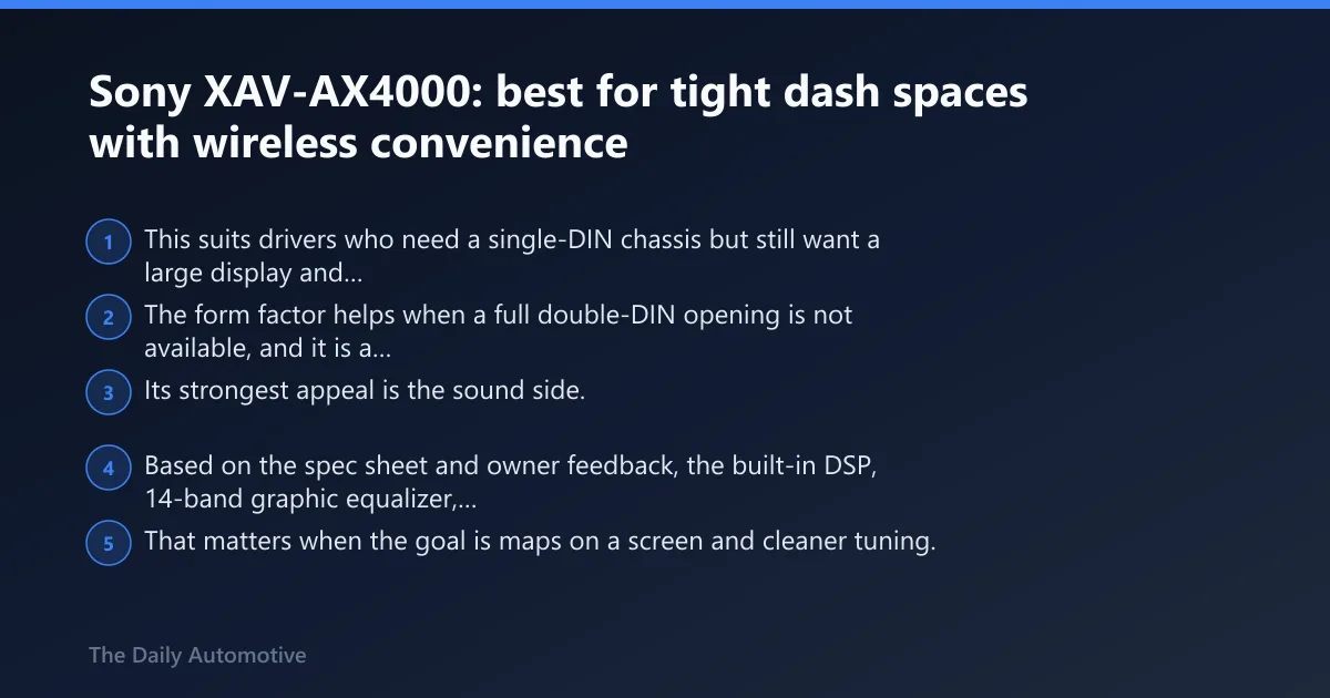 Steps: Sony XAV-AX4000: best for tight dash spaces with wireless convenience