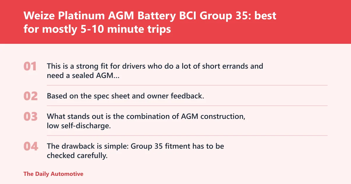 Steps: Weize Platinum AGM Battery BCI Group 35: best for mostly 5-10 minute trips