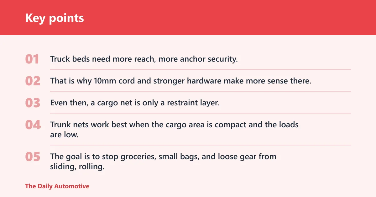Key points: What is the difference between a truck bed cargo net and a trunk cargo net?