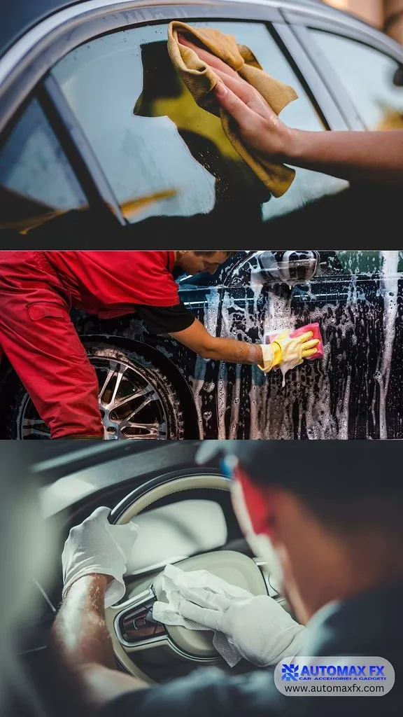 Hand wiping a car side mirror with a microfiber cloth in natural light.