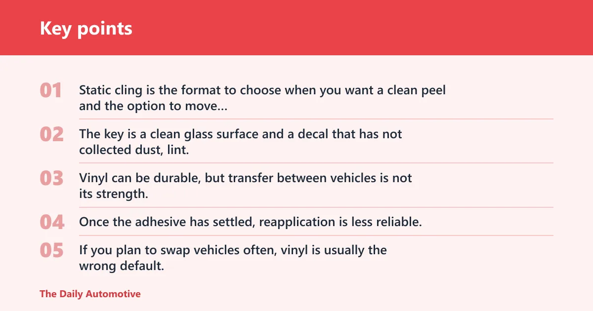 Key points: What is the difference between static cling and vinyl windshield decals?