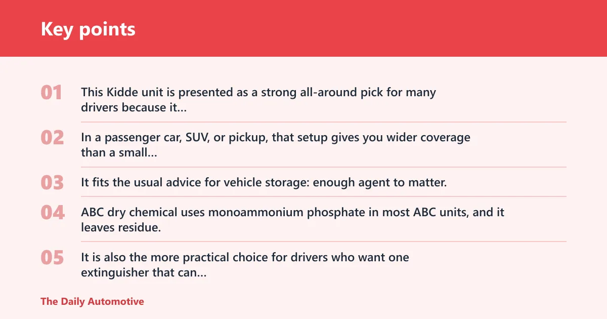 Key points: Best overall car fire extinguisher: Kidde Pro Line 2.5 lb ABC Fire Extinguisher