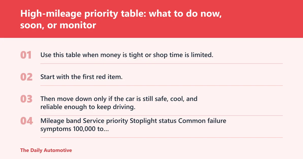 Steps: High-mileage priority table: what to do now, soon, or monitor