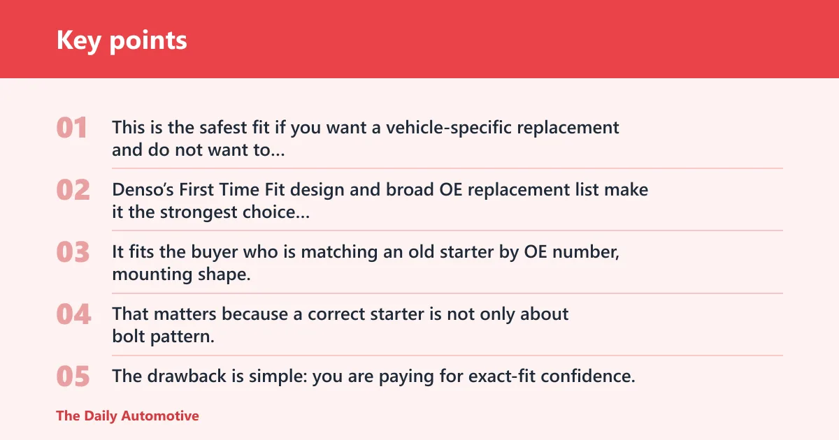 Key points: Denso First Time Fit starter motor: best for exact OE-style replacement