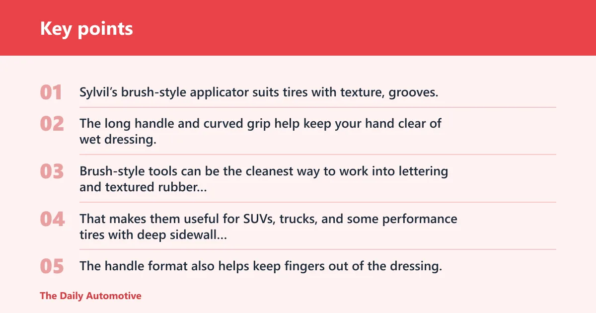 Key points: Sylvil tire shine applicator brush: best for textured rubber