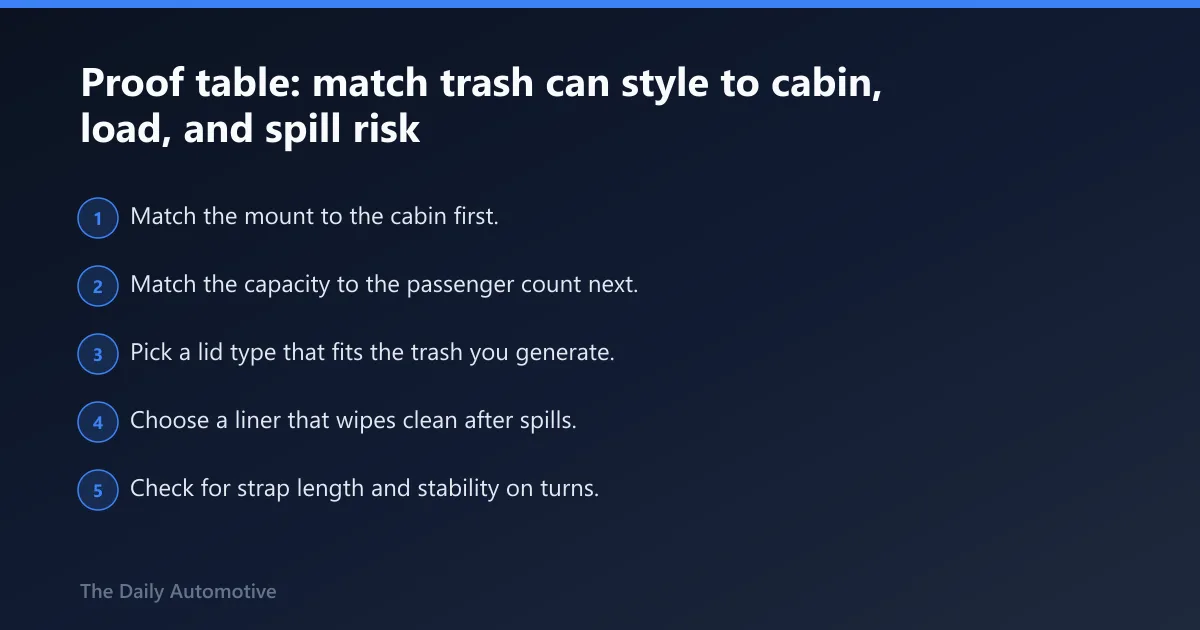 Steps: Proof table: match trash can style to cabin, load, and spill risk