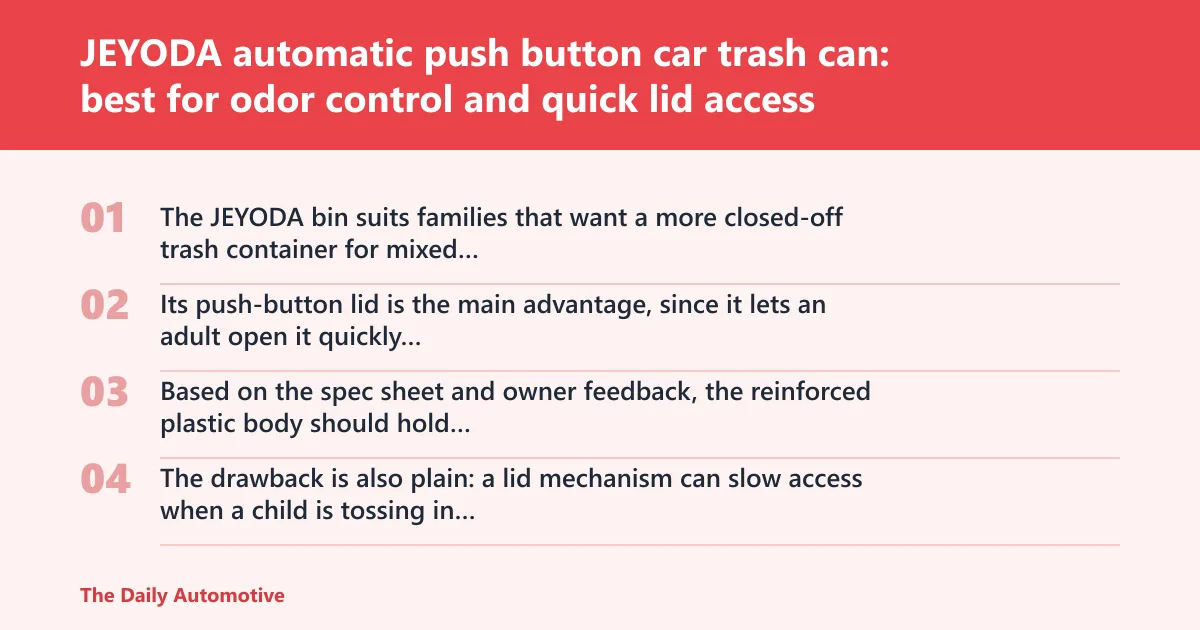 Steps: JEYODA automatic push button car trash can: best for odor control and quick lid access